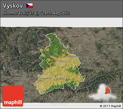 Satellite 3D Map of Vyškov, darken, semi-desaturated
