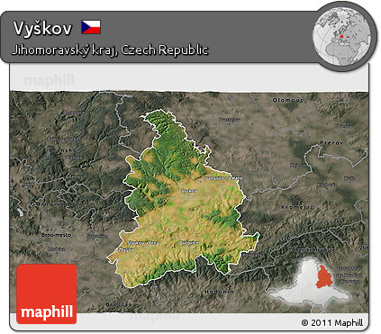 Satellite 3D Map of Vyškov, darken, semi-desaturated