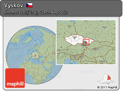 Savanna Style Location Map of Vyškov, highlighted country, highlighted parent region, hill shading