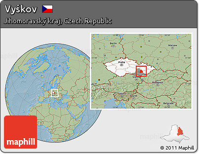 Savanna Style Location Map of Vyškov, highlighted country, highlighted parent region, hill shading