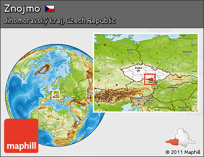 Physical Location Map of Znojmo, highlighted country, within the entire country