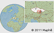 Savanna Style Location Map of Znojmo, highlighted country, highlighted parent region, hill shading