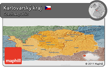Political Shades Panoramic Map of Karlovarský Kraj, semi-desaturated