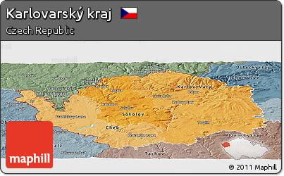Political Shades Panoramic Map of Karlovarský Kraj, semi-desaturated