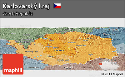 Political Shades Panoramic Map of Karlovarský Kraj, semi-desaturated