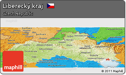 Physical Panoramic Map of Liberecký Kraj, political outside