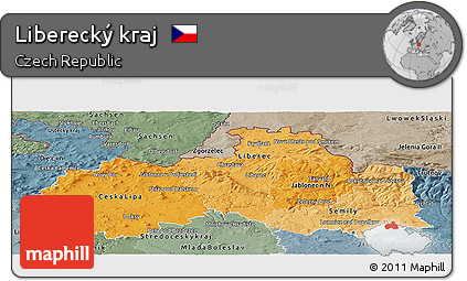 Political Shades Panoramic Map of Liberecký Kraj, semi-desaturated