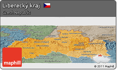 Political Shades Panoramic Map of Liberecký Kraj, semi-desaturated