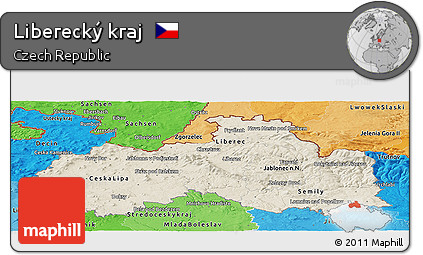 Shaded Relief Panoramic Map of Liberecký Kraj, political shades outside