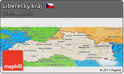 Shaded Relief Panoramic Map of Liberecký Kraj, political shades outside