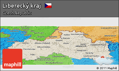 Shaded Relief Panoramic Map of Liberecký Kraj, political shades outside