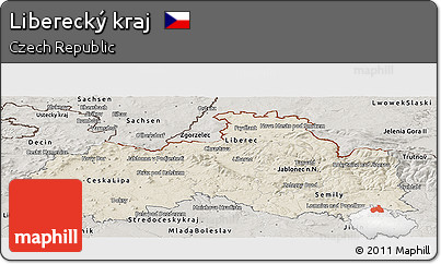 Shaded Relief Panoramic Map of Liberecký Kraj, semi-desaturated
