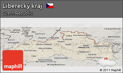 Shaded Relief Panoramic Map of Liberecký Kraj, semi-desaturated