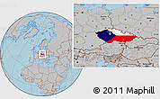 Flag Location Map of Czech Republic, gray outside, hill shading outside