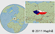 Flag Location Map of Czech Republic, savanna style outside, hill shading outside