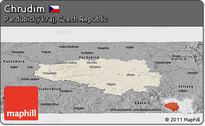 Shaded Relief Panoramic Map of Chrudim, darken, desaturated