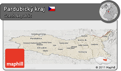 Shaded Relief Panoramic Map of Pardubický Kraj, lighten, semi-desaturated