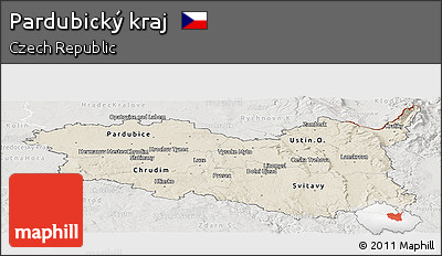 Shaded Relief Panoramic Map of Pardubický Kraj, lighten, semi-desaturated