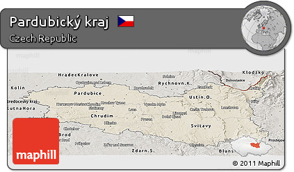 Shaded Relief Panoramic Map of Pardubický Kraj, semi-desaturated
