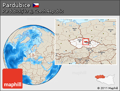 Shaded Relief Location Map of Pardubice, highlighted country, highlighted parent region