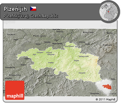 Physical 3D Map of Plzeň-jih, darken, semi-desaturated