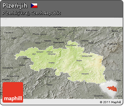 Physical 3D Map of Plzeň-jih, darken, semi-desaturated