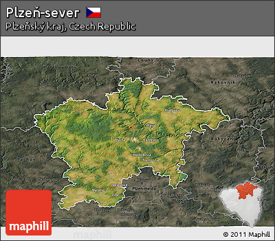 Satellite 3D Map of Plzeň-sever, darken, semi-desaturated