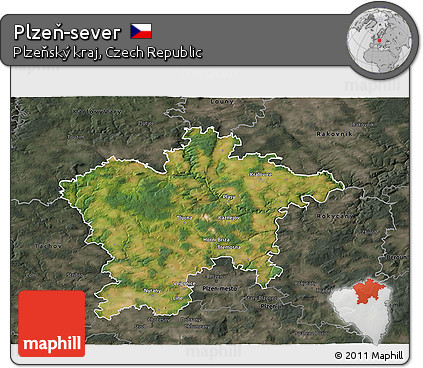 Satellite 3D Map of Plzeň-sever, darken, semi-desaturated
