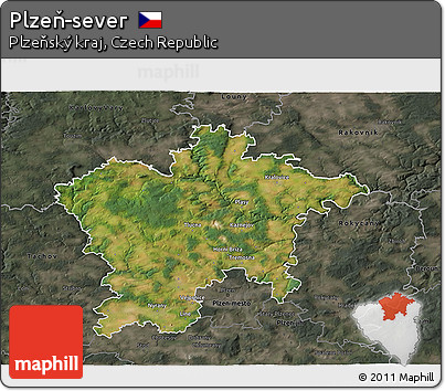 Satellite 3D Map of Plzeň-sever, darken, semi-desaturated