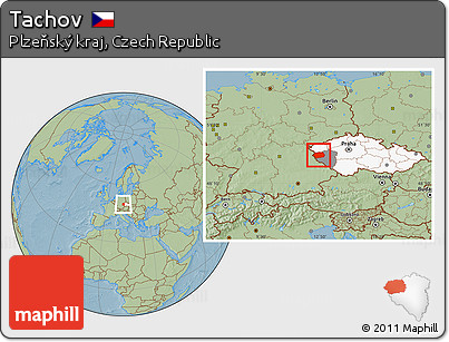 Savanna Style Location Map of Tachov, highlighted country, highlighted parent region, hill shading