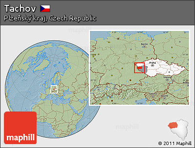 Savanna Style Location Map of Tachov, highlighted country, highlighted parent region, hill shading
