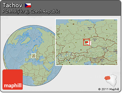 Savanna Style Location Map of Tachov, highlighted parent region, hill shading
