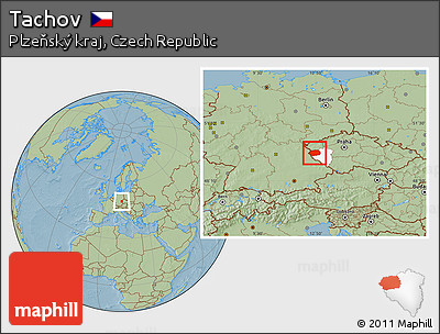 Savanna Style Location Map of Tachov, highlighted parent region, hill shading