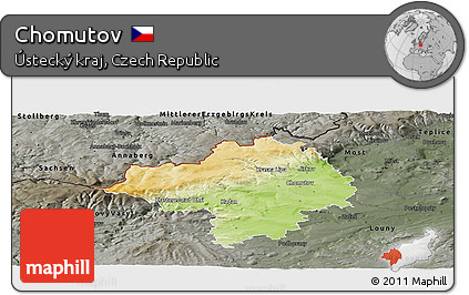 Physical Panoramic Map of Chomutov, darken, semi-desaturated