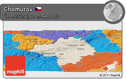 Shaded Relief Panoramic Map of Chomutov, political outside