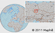 Gray Location Map of Louny, within the entire country, hill shading
