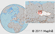 Gray Location Map of Louny, highlighted country, highlighted parent region, hill shading