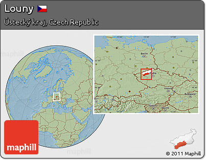 Savanna Style Location Map of Louny, highlighted parent region, hill shading