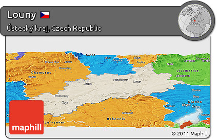 Shaded Relief Panoramic Map of Louny, political outside