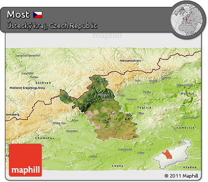 Satellite 3D Map of Most, physical outside