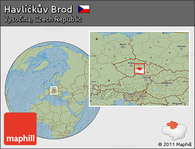 Savanna Style Location Map of Havlíčkův Brod, highlighted parent region, hill shading