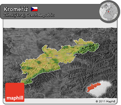 Satellite 3D Map of Kroměříž, darken, desaturated