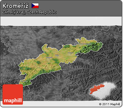 Satellite 3D Map of Kroměříž, darken, desaturated