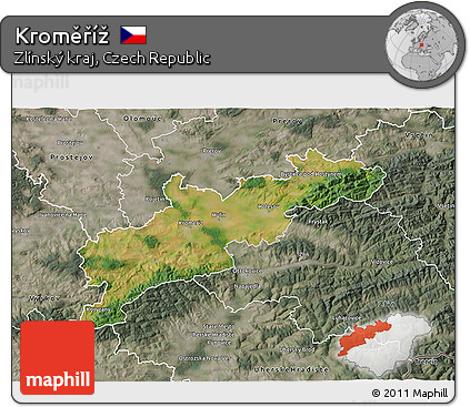 Satellite 3D Map of Kroměříž, semi-desaturated