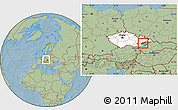 Savanna Style Location Map of Kroměříž, highlighted country, highlighted parent region, within the entire country, hill shading