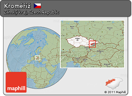 Savanna Style Location Map of Kroměříž, highlighted country, highlighted parent region, hill shading