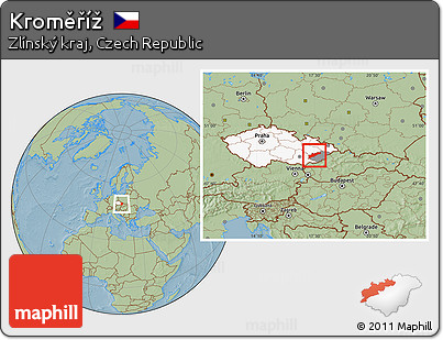 Savanna Style Location Map of Kroměříž, highlighted country, highlighted parent region, hill shading