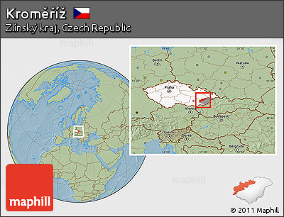 Savanna Style Location Map of Kroměříž, highlighted country, highlighted parent region, hill shading