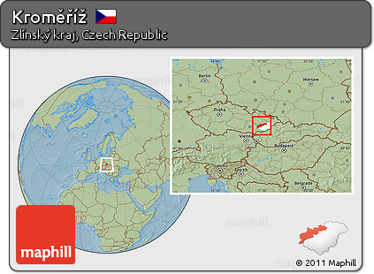 Savanna Style Location Map of Kroměříž, highlighted parent region, hill shading