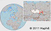 Gray Location Map of Uherské Hradiště, highlighted country, highlighted parent region, within the entire country, hill shading